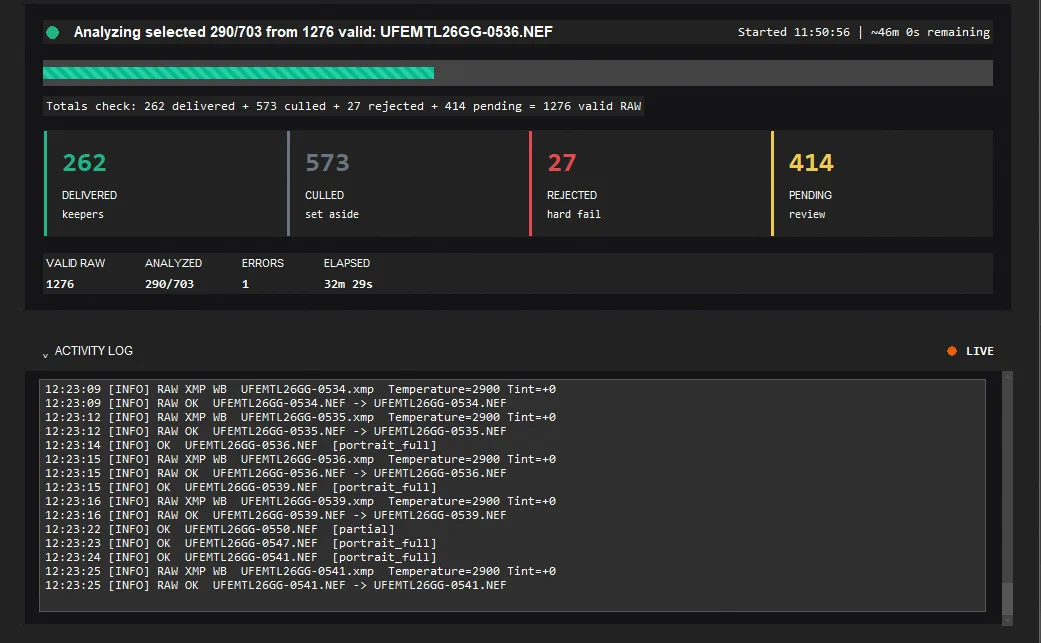 RAW Cull Processor progress panel showing delivered, culled, rejected, pending, elapsed time, and activity log output.