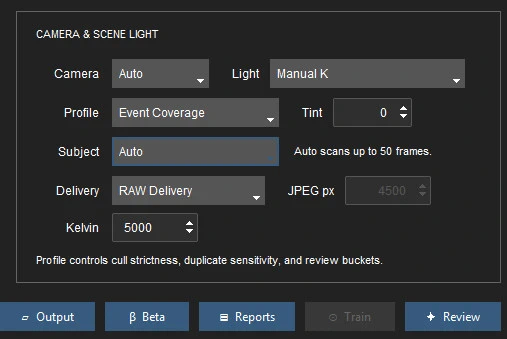 Camera and Scene Light panel: Camera Auto, Light Manual K, Profile Event Coverage, Subject Auto, Delivery RAW Delivery, Kelvin 5000, with Output, Beta, Reports, Train, and Review buttons.