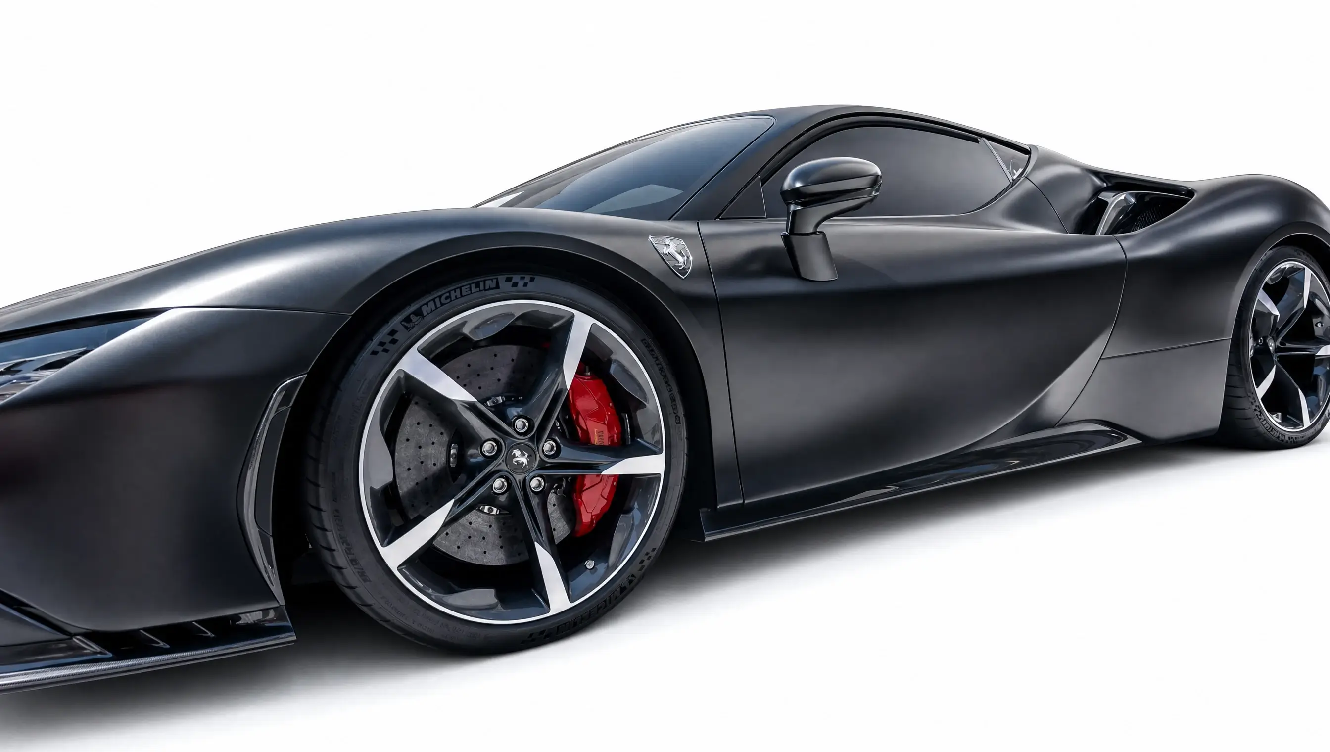 Tight side profile of a matte-black sports car with red brake calipers, the kind of subject the processor scores as the frame's subject at a car show.